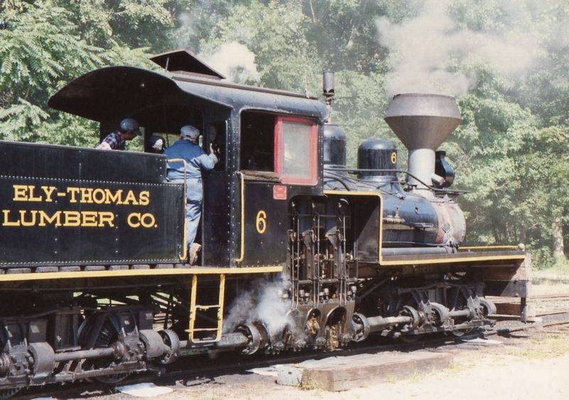 A black Shay steam locomotive, Ely-Thomas Lumber Co. No. 6, on the Pine Creek Railroad