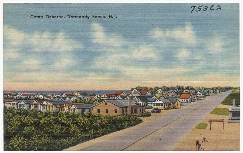Vintage postcard of bungalows at Camp Osborn on the barrier island