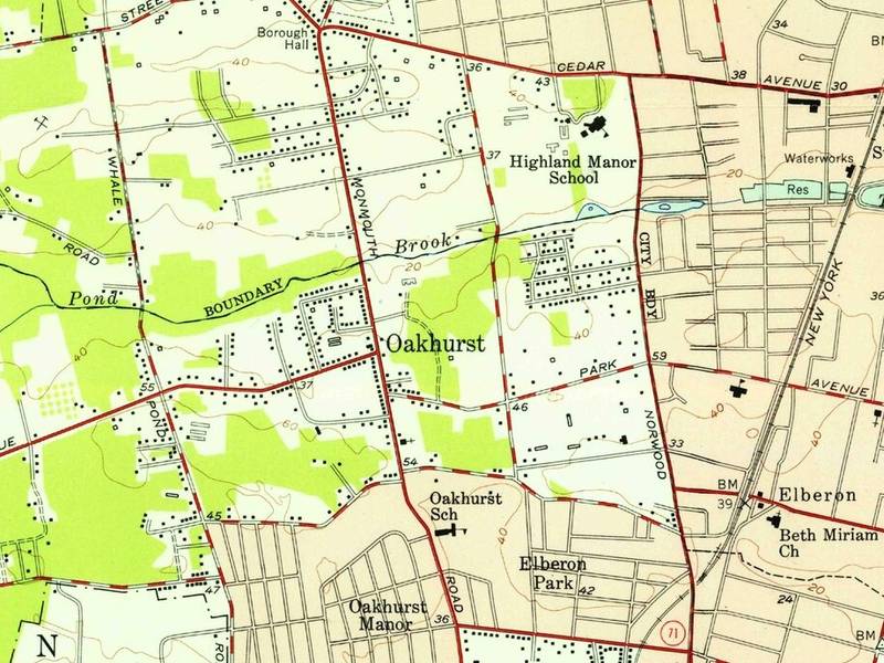 1954 USGS topographic map showing the village of Oakhurst, Monmouth Road, Park Avenue and Poplar Brook