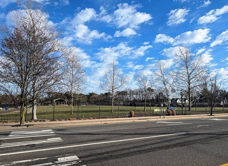 Community Park in Point Pleasant, a fenced lawn with bare trees and a pavilion