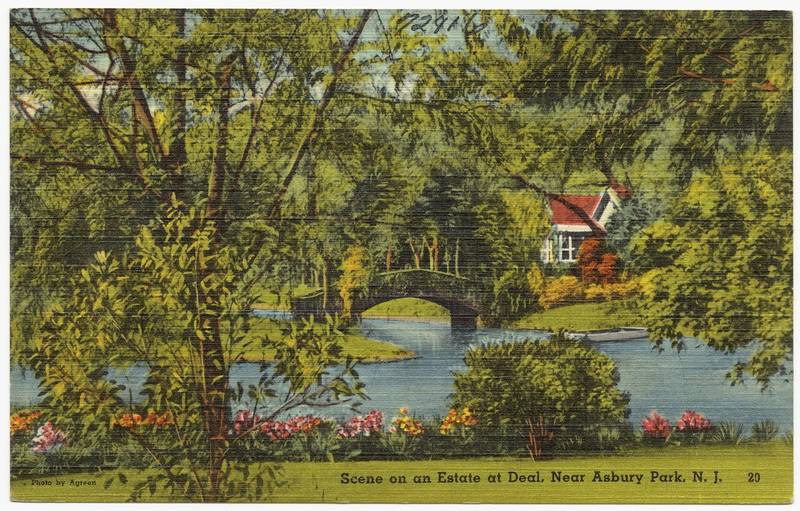Vintage postcard of a pond and stone bridge on an estate in Deal