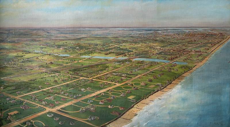 Early 1900s panoramic painting of Elberon looking northwest from Ocean and Lincoln Avenues