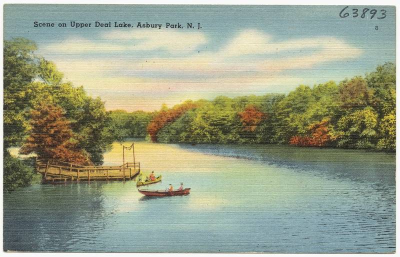 Vintage postcard of boats on upper Deal Lake