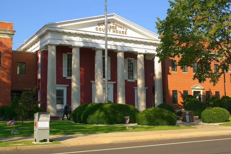 The columned front of the 1850 Ocean County Courthouse in Toms River