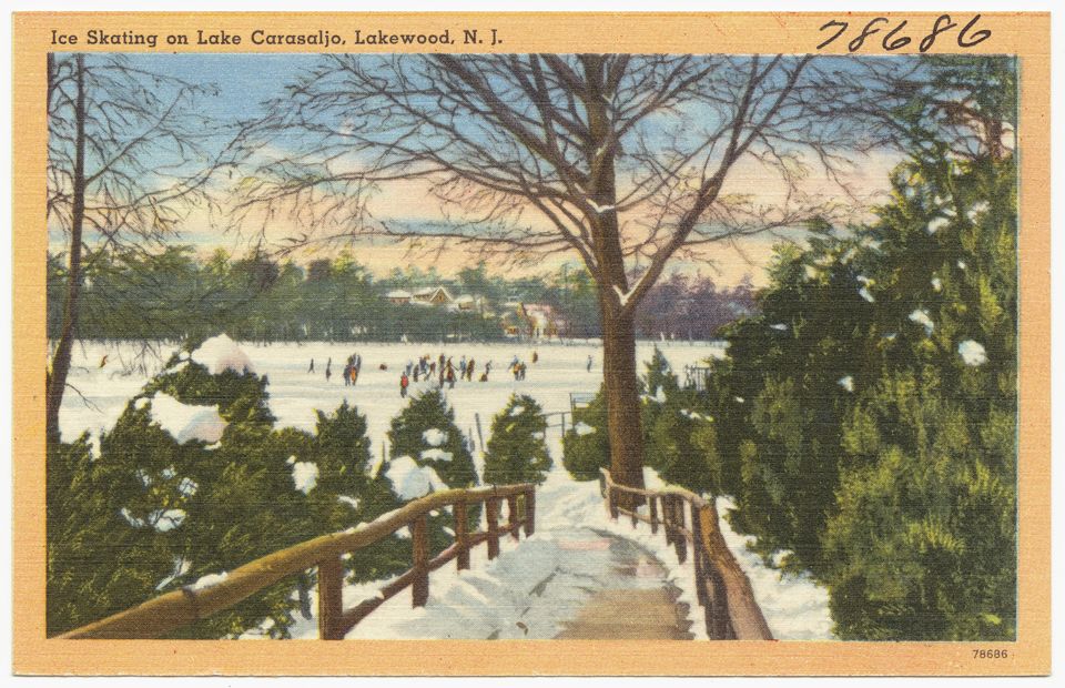 Vintage postcard of ice skating on Lake Carasaljo in Lakewood