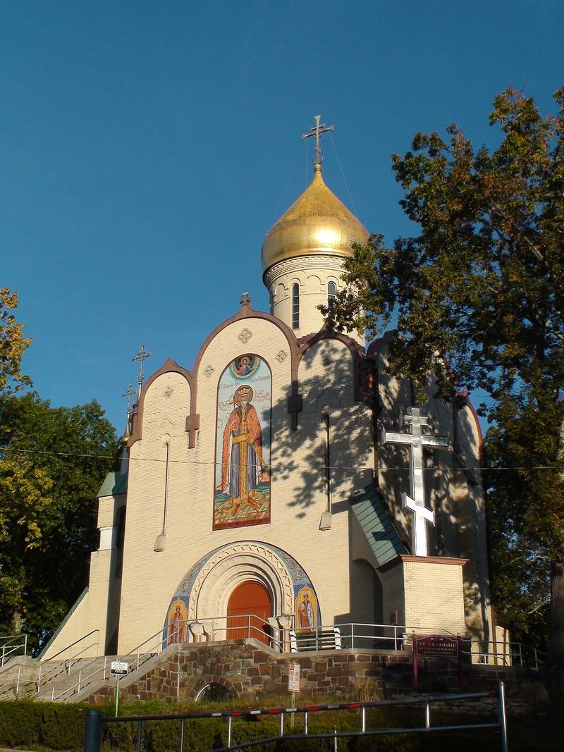 St. Vladimir Russian Orthodox Memorial Church, with a gold dome, on Perrineville Road in Jackson