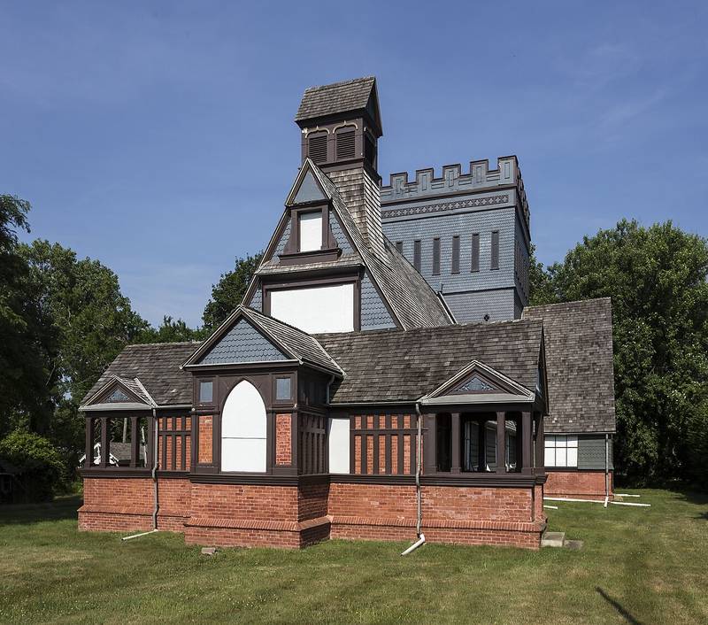 The Church of the Presidents, a shingled chapel with a crenellated tower, on Ocean Avenue in Elberon