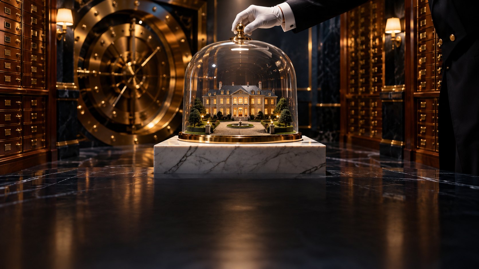 A white-gloved butler's hand holds a glass cloche over a miniature lit estate on a marble pedestal, inside a private vault lined with brass safe-deposit boxes